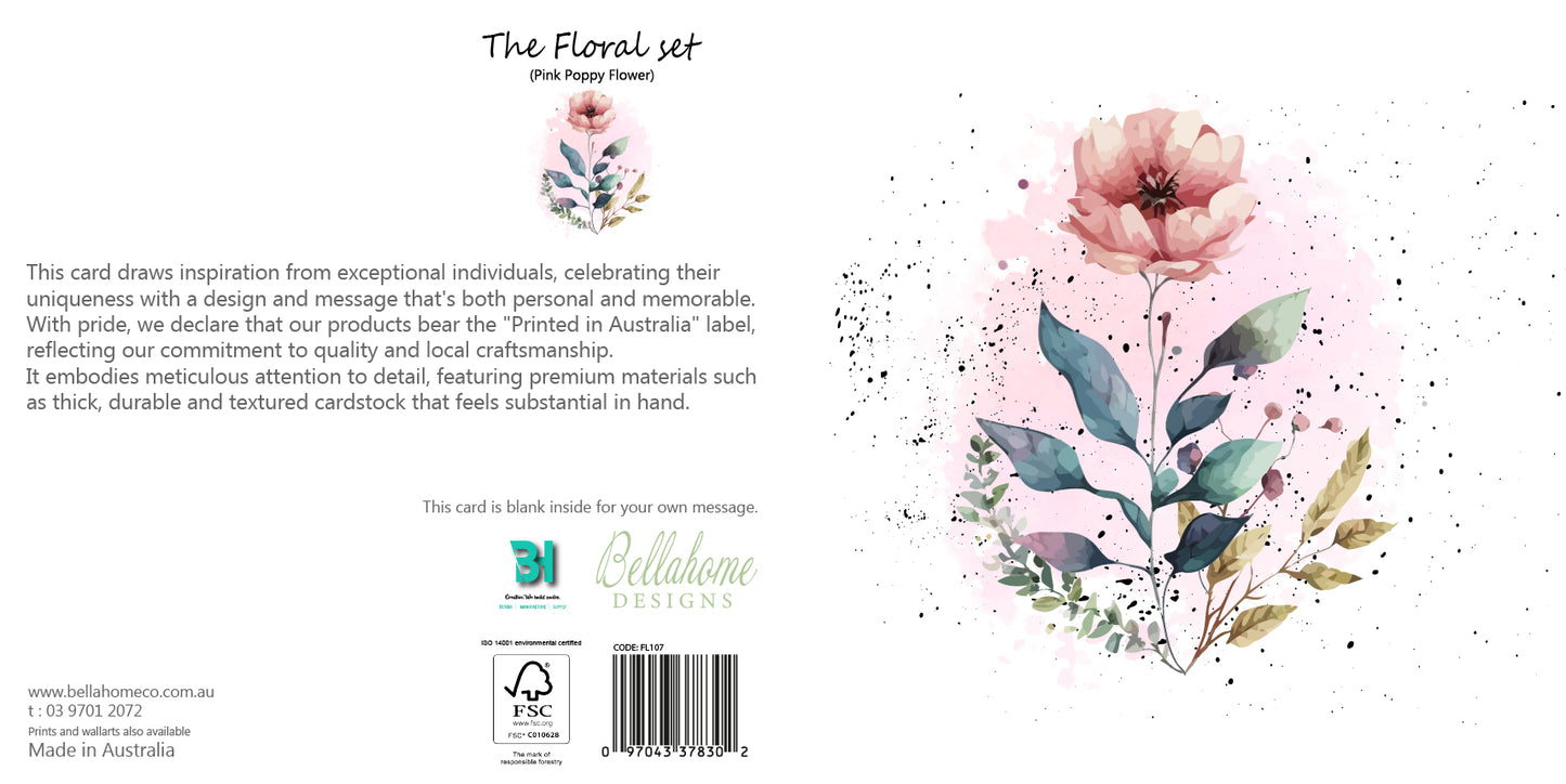 Pink Poppy Flower Greeting Card - The Floral Set - 10 Pcs