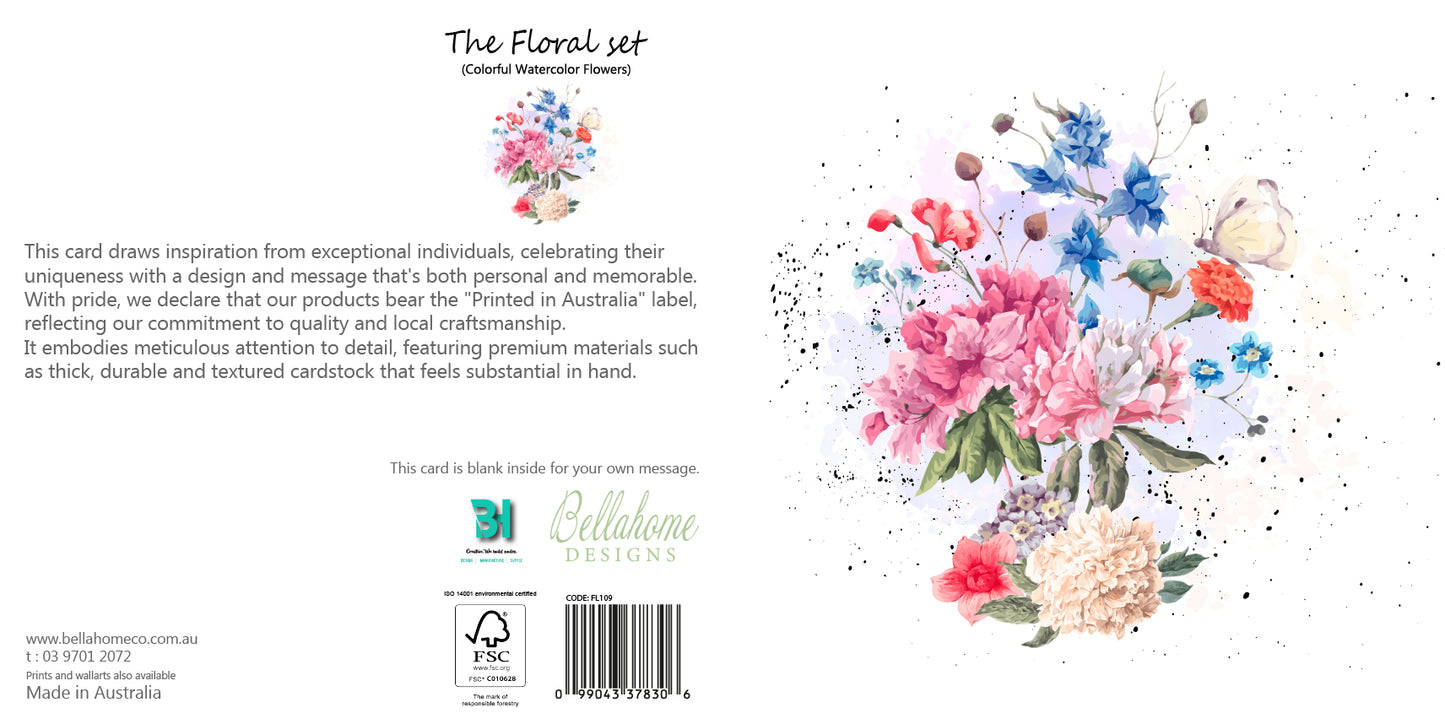 Colorful Watercolor Flowers Greeting Card - The Floral Set - 10 Pcs