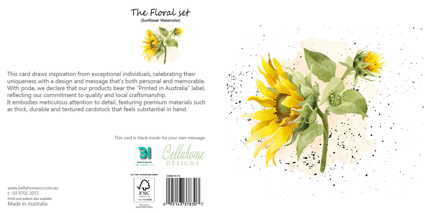 Sunflower Watercolor Greeting Card - The Floral Set - 10 Pcs