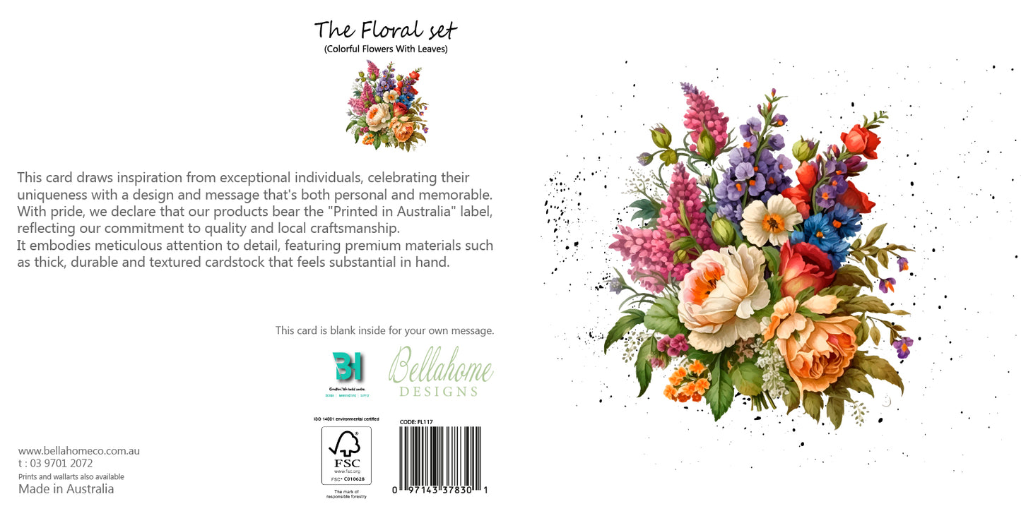 Colorful Flowers With Leaves Greeting Card - The Floral Set - 10 Pcs