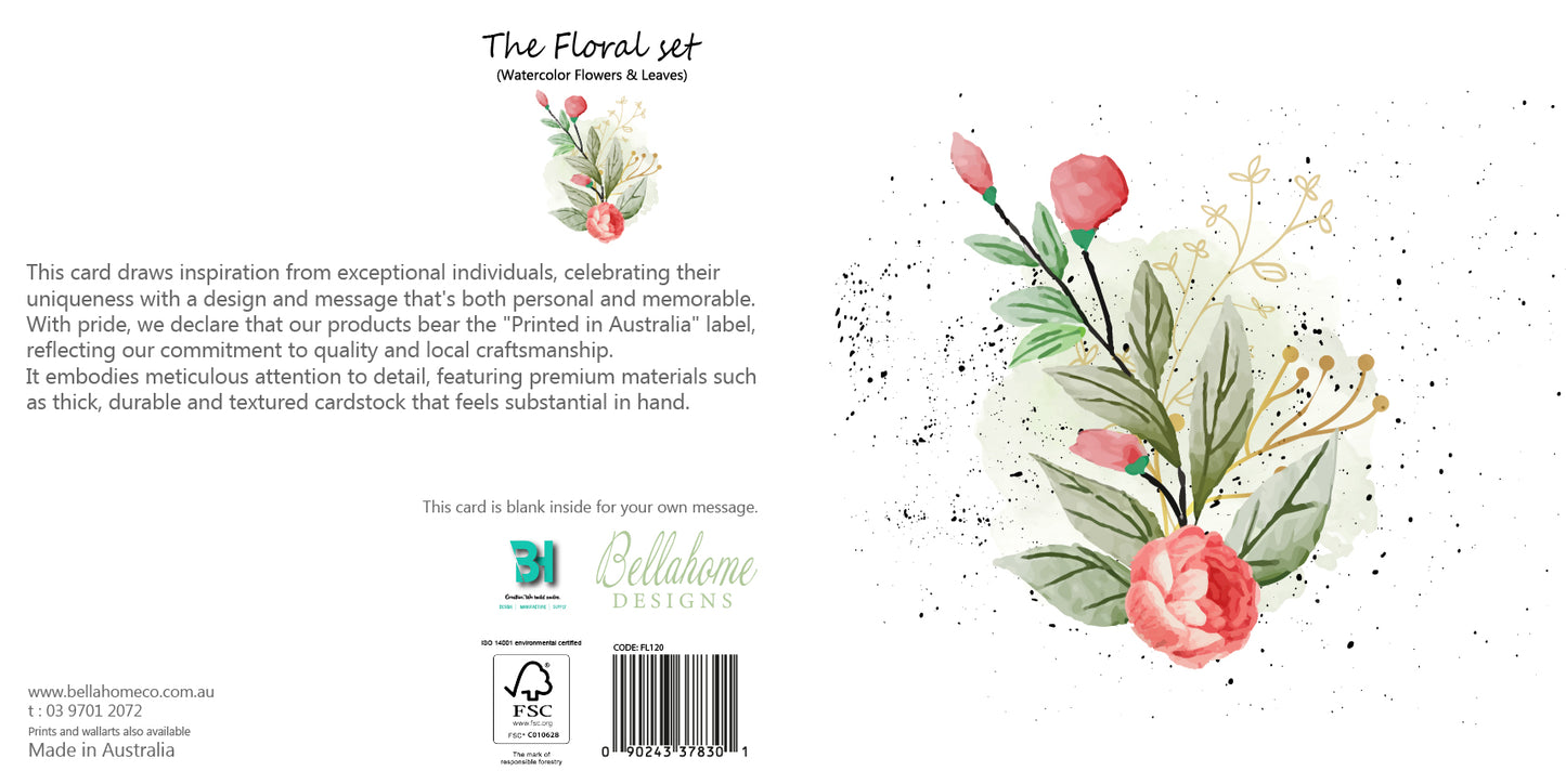 Watercolor Flowers & Leaves Greeting Card - The Floral Set - 10 Pcs