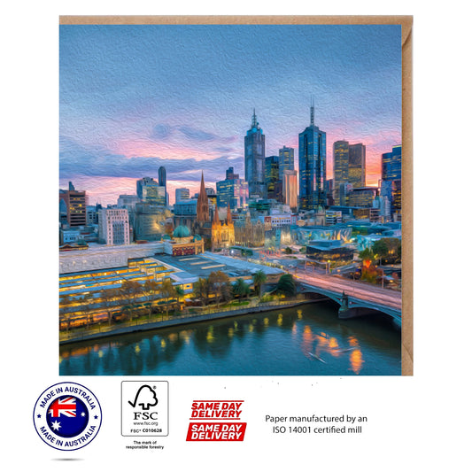 Melbourne City Skyline at Twilight Greeting Card - The Scenery Set - 10 Pcs