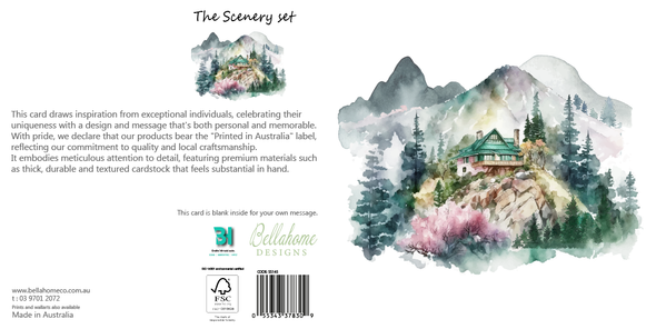 House and Mountains Watercolor Greeting Card - The Scenery Set - 10 Pcs