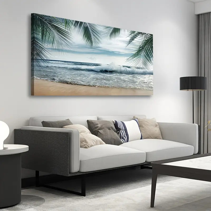 Tropical Beach Ocean Waves Blue Sky Palm Tree Leaves Scene Wall Art canvas office home room framed 120x60cm