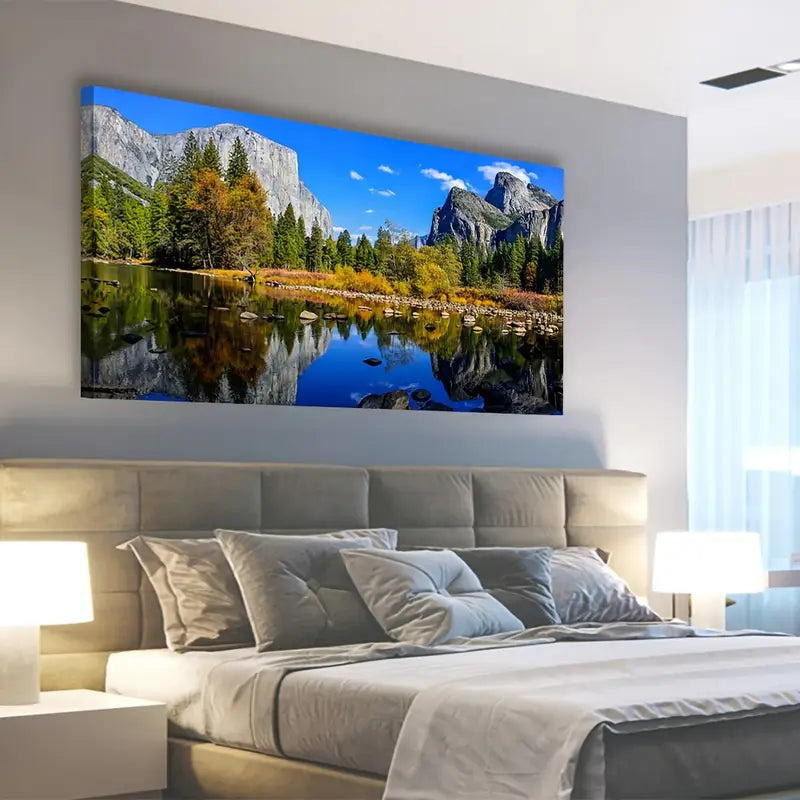 Mountain Lake Vibrant Autumn Foliage & Mirror Water Wall Art canvas office home room framed 120x60cm