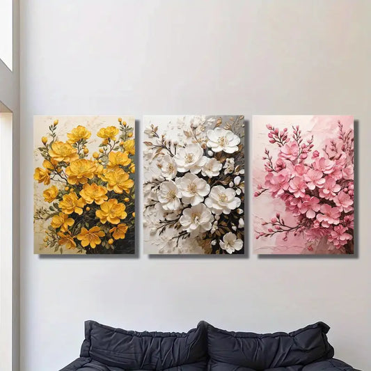 3pcs Yellow, White, Pink Blooming Branches Metal Print Ready to Hang Art