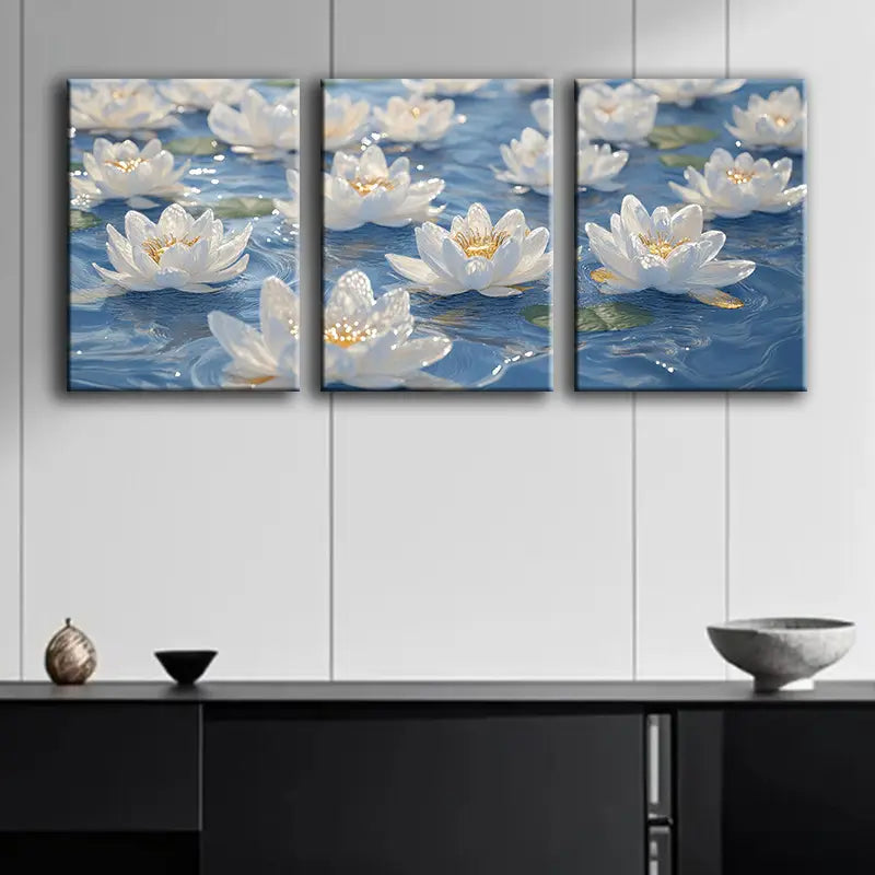 3pcs Oil Painting of Water Lilies, Luxurious Metal Print Ready to Hang Art