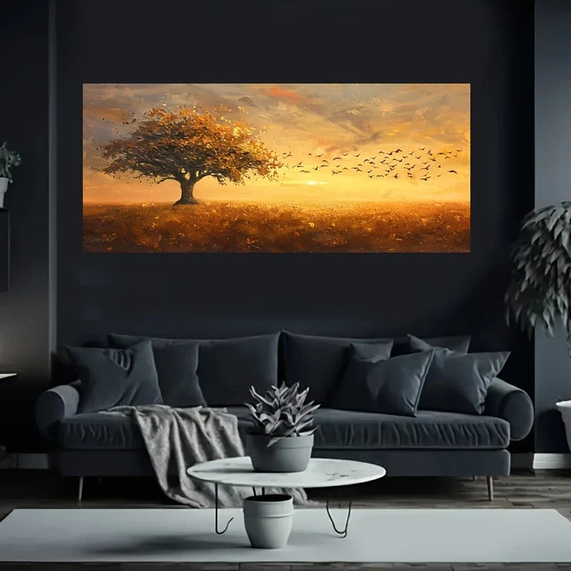 Golden Tree& Birds Artwork Wall Art wall canvas office home room framed 120x60cm
