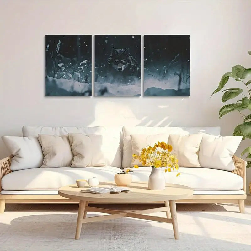 3pcs Wolf in the Snow Darkness Painting Metal Print Ready to Hang Art