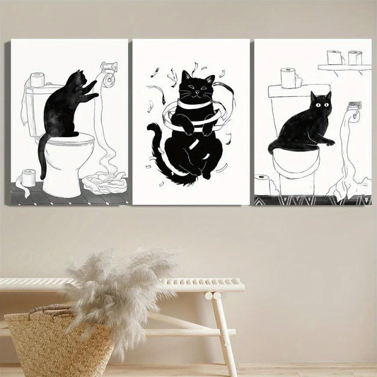 3pcs Black Cats on Toilet Whimsical Bathroom Metal Print Ready to Hang Art