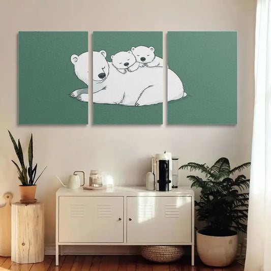 3pcs Cute Bear & Youngsters Bear Green, White & Gray Metal Print Ready to Hang Art