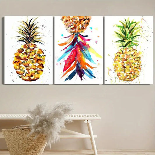 3pcs Pineapple Watercolor Abstract Fruit Oil Painting Metal Print Ready to Hang Art