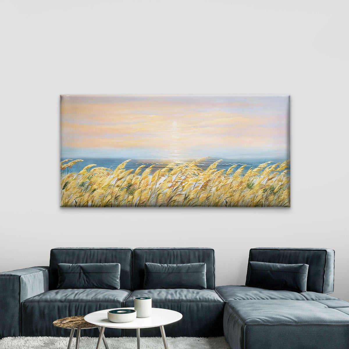 Sea with Golden Wheat Field Wall Art Canvas Office Home Room Framed 120x60cm