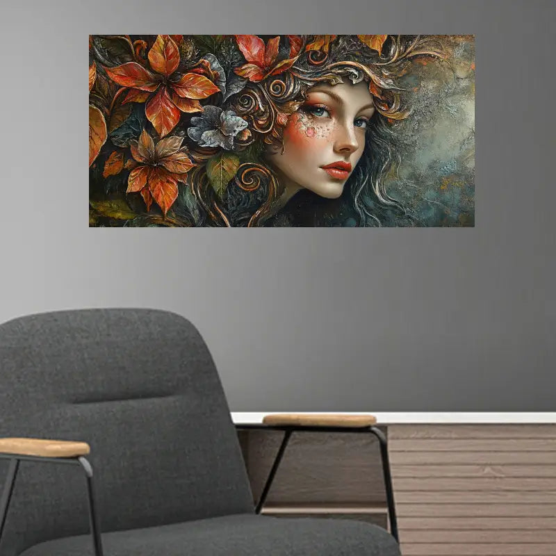 Elegant Woman with Floral Hair & Red Leaf Tree Wall Art wall canvas office home room framed 120x60cm