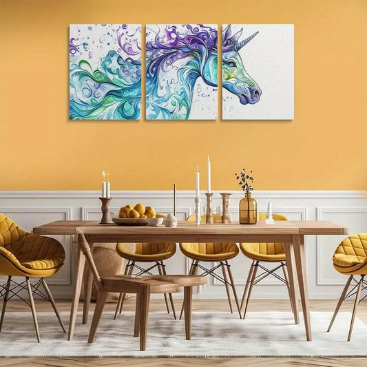 3pcs Vibrant Watercolor Unicorn Blue Line Design Metal Print Ready to Hang Art