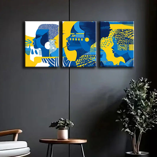 3pcs Simple Drawing of People in Blue Metal Print Ready to Hang Art