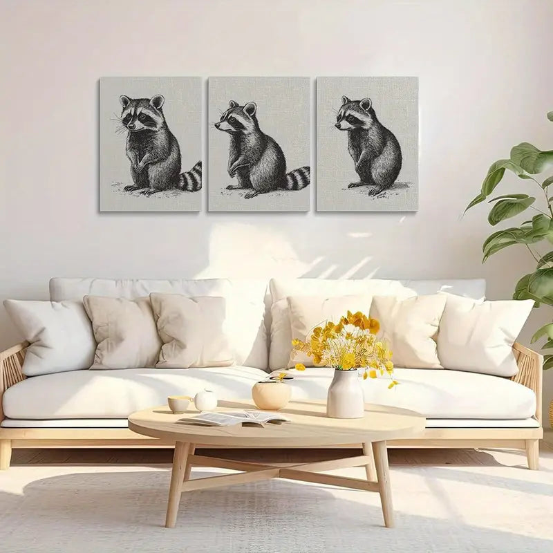 3pcs Vintage Raccoon Illustration Classic Design Metal Print Ready to Hang Art