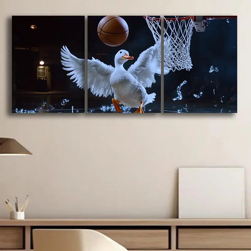 3pcs Whimsical Ducks Playing Basketball Metal Print Ready to Hang Art