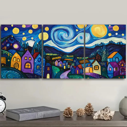 3pcs Starry Night Village Metal Print Ready to Hang Art