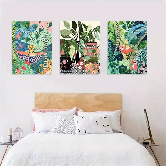 3pcs Animals and Plants, Leopard and Parrot in The Jungle, Wildlife Metal Print Ready to Hang Art