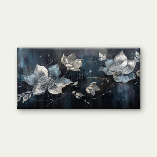 Silver Floral Metallic Blossom Wall Art Canvas Office Home Room Framed 80x45cm