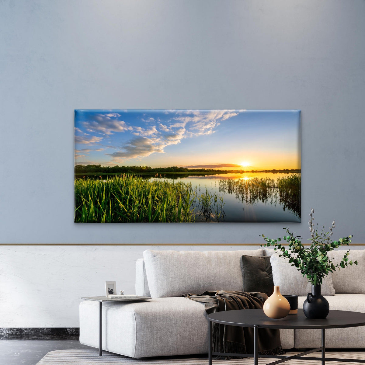 Serene Sunset Over Water Wall Art Canvas Office Home Room Framed 80x45cm