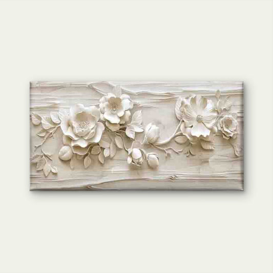 White Floral Relief Sculpture Wall Art Canvas Office Home Room Framed 80x45cm
