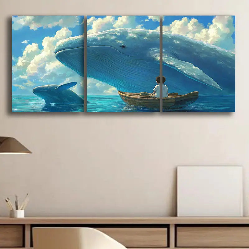 3pcs Whale and Boy Metal Print Ready to Hang Art