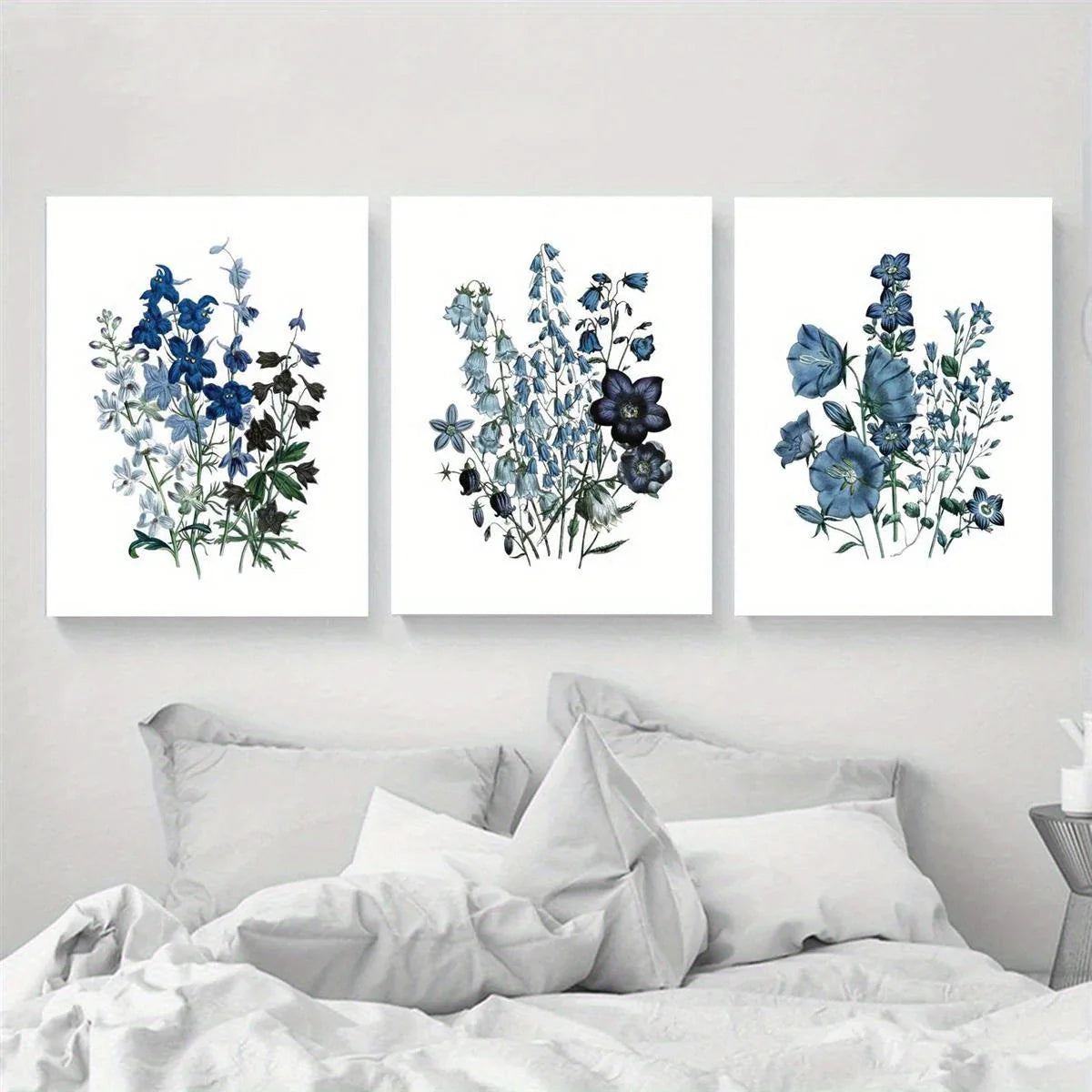 3pcs Contemporary Blue Botanical Vibrant Floral Design Metal Print Ready to Hang Art