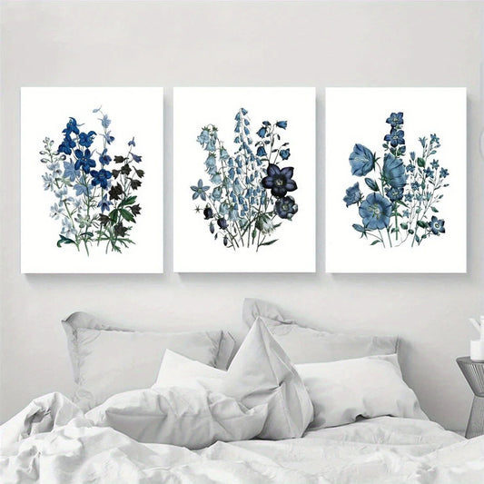 3pcs Contemporary Blue Botanical Vibrant Floral Design Metal Print Ready to Hang Art