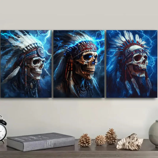 3pcs Native American Chief Skull Design Metal Print Ready to Hang Art