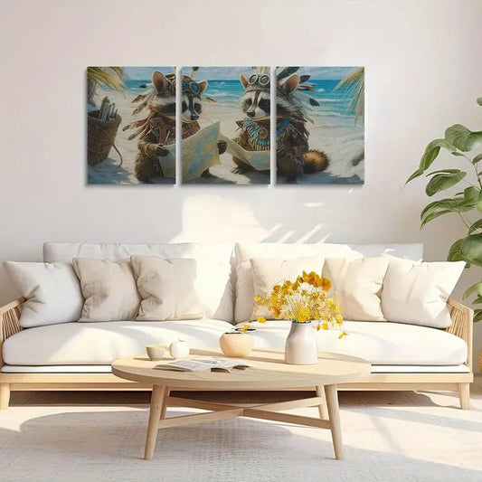 3pcs Adorable Raccoon Inspired Feathered Headdress Metal Print Ready to Hang Art