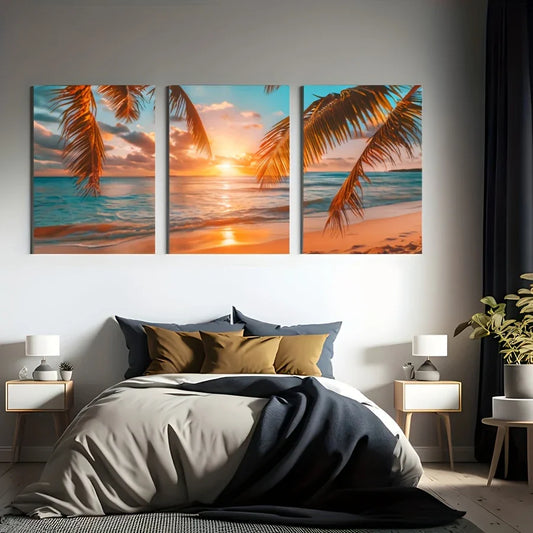 3pcs Stunning Sunrise Beach Tropical Tree Metal Print Ready to Hang Art