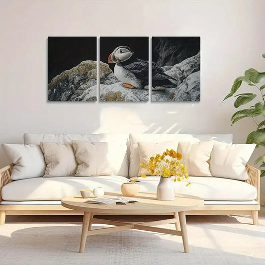 3pcs Puffin on Rocky Shore of New England Metal Print Ready to Hang Art