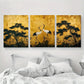 3pcs Golden Crane & Bamboo Garden Scene with Storks Metal Print Ready to Hang Art