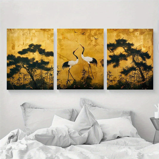 3pcs Golden Crane & Bamboo Garden Scene with Storks Metal Print Ready to Hang Art