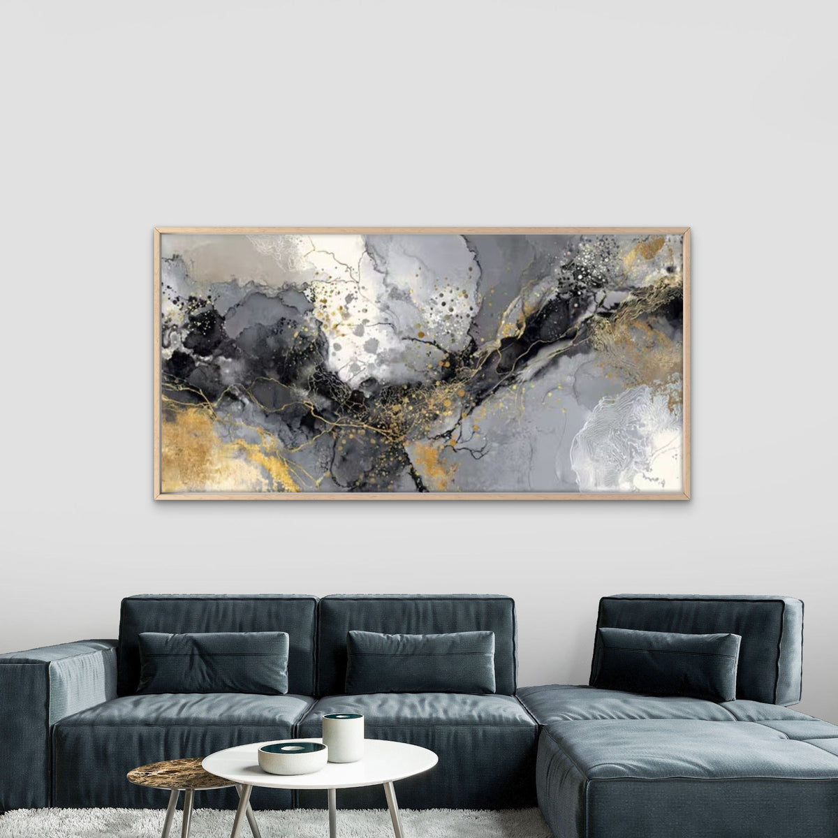 Gray Gold Abstract Waves Wall Art Canvas Office Home Room Framed 80x45cm