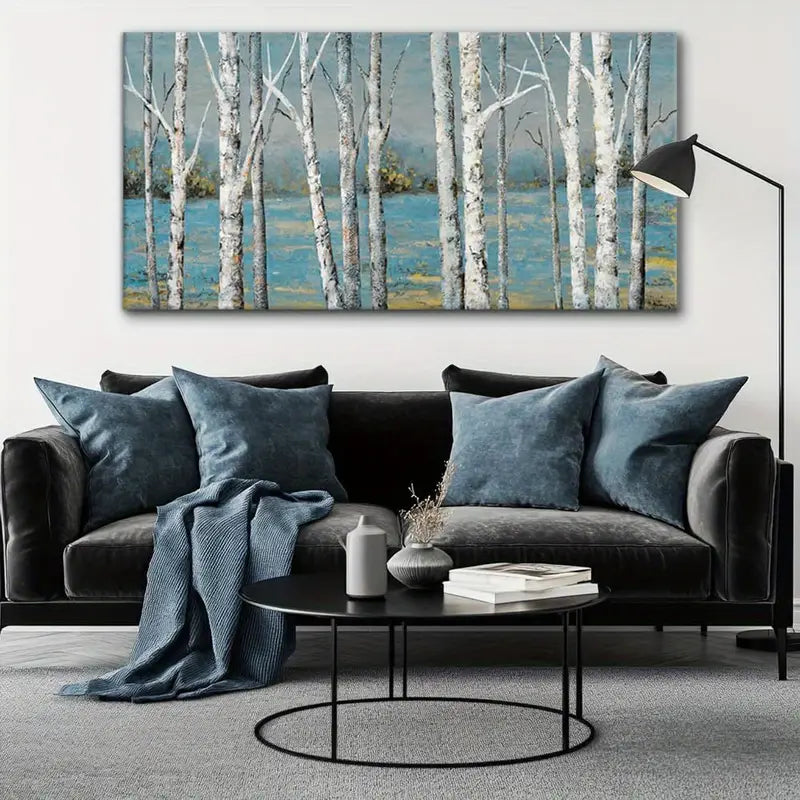 Navy Blue Forest Rustic Birch Trees Wall Art canvas office home room framed 120x60cm