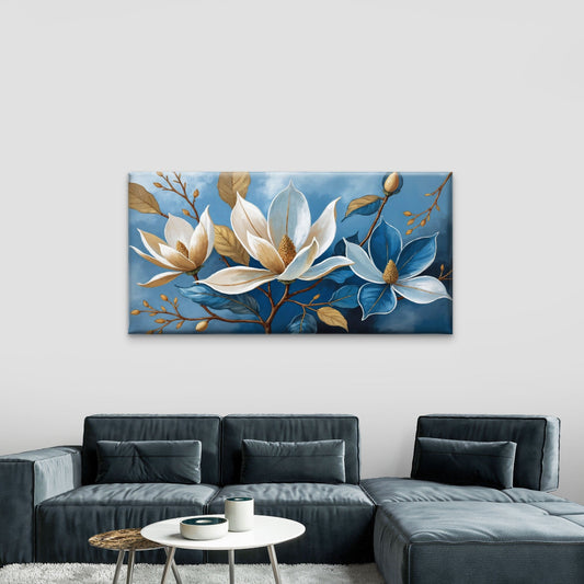 Blue Magnolia Floral Painting Wall Art Canvas Office Home Framed 80x45cm