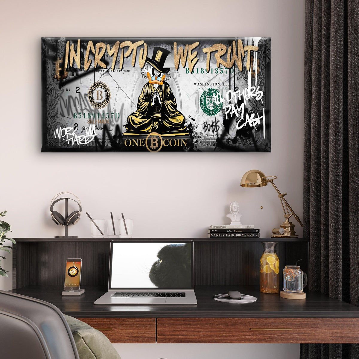 Mascot Wealth Currency Money Print Wall Art Canvas Office Home Framed 80x45cm
