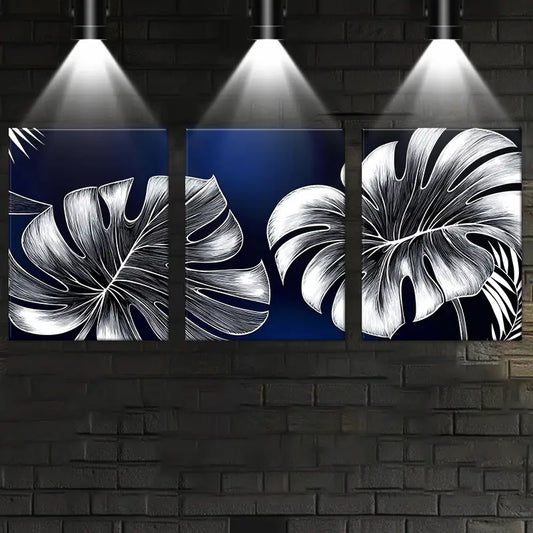 3pcs Abstract Leaves Design Dark Blue & Grey Metal Print Ready to Hang Art
