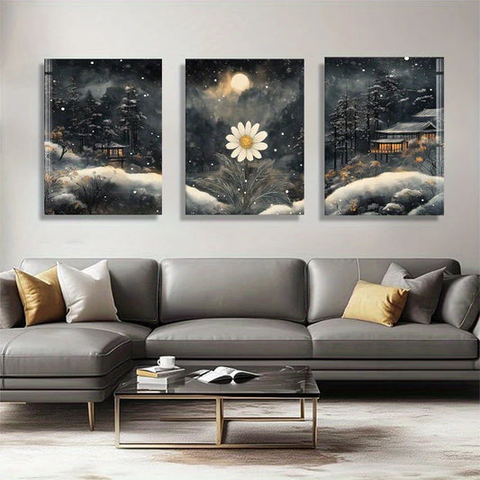 3pcs Winter Night Snowy with Daisy & Traditional House Metal Print Ready to Hang Art