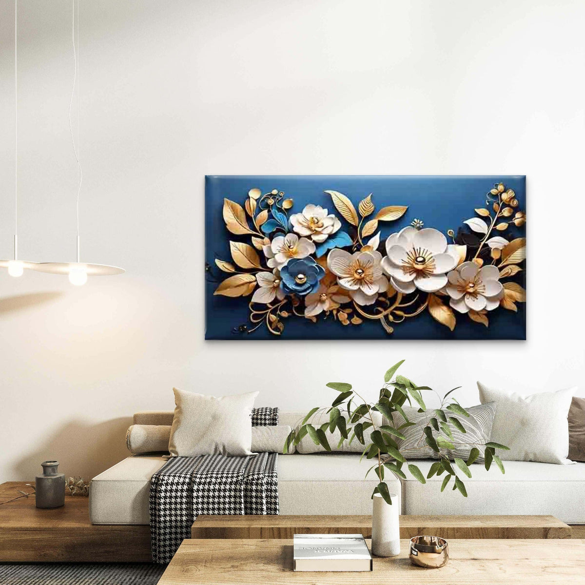 Golden Flowers on Blue Backgrou Wall Art Canvas Office Home Room Framed 120x60cm