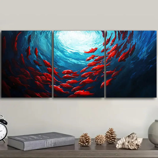 3pcs Red Fish Spiraling in the Sea Metal Print Ready to Hang Art