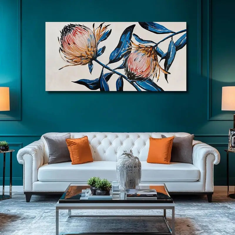 Blue Botanical Floral Modern Leaves Wall Art canvas office home room framed 120x60cm