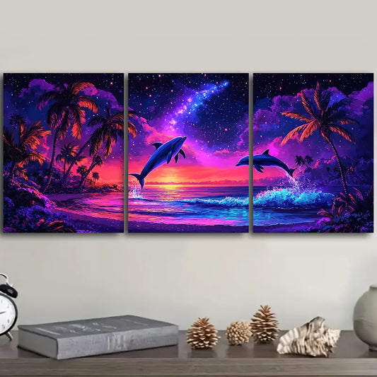 3pcs Dolphins under the purple sky Metal Print Ready to Hang Art