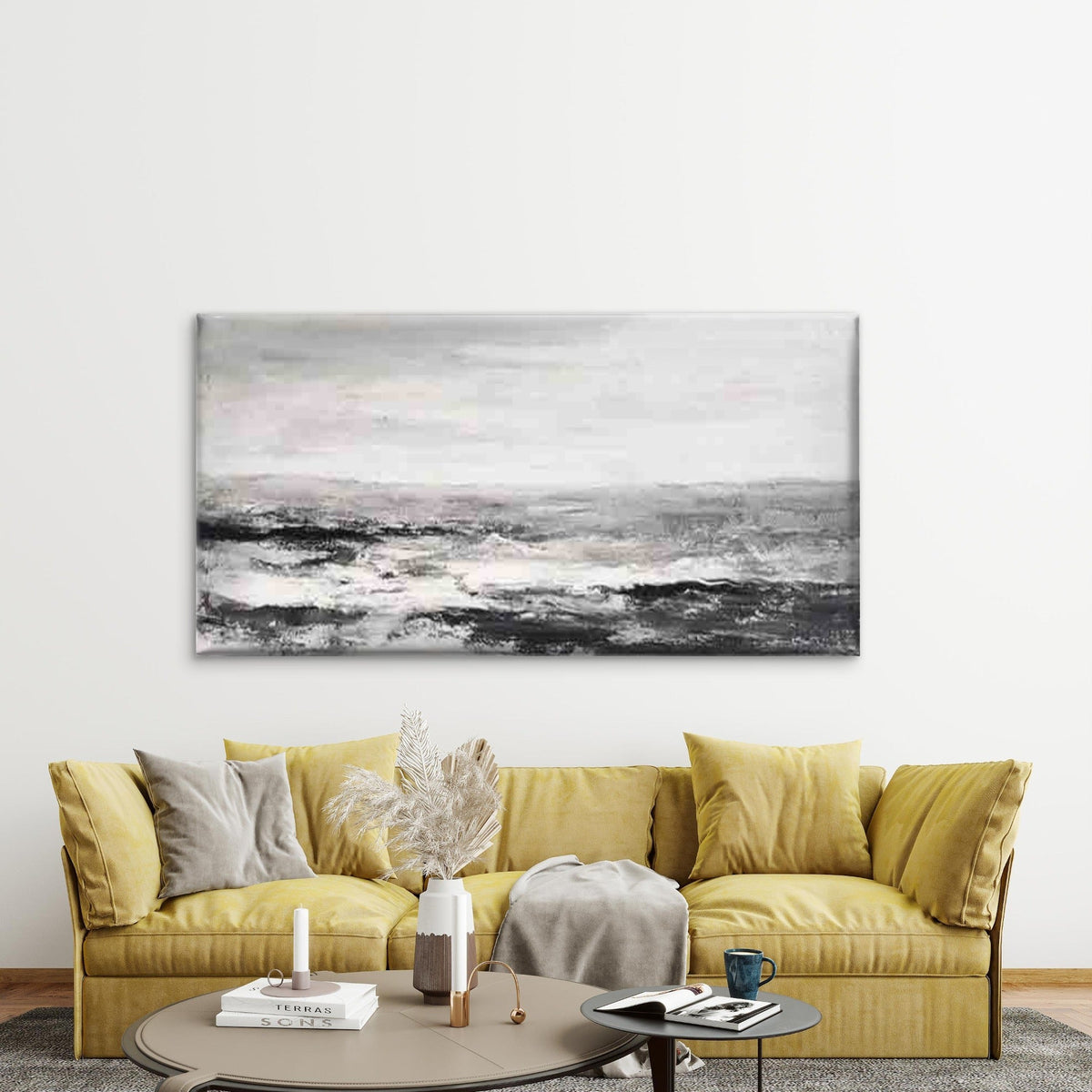 Black and White Coastal Wave Wall Art Canvas Office Home Room Framed 120x60cm