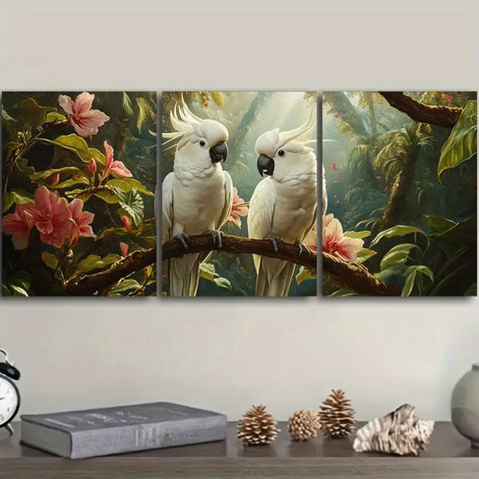 3pcs White Cockatoos on Branches Metal Print Ready to Hang Art