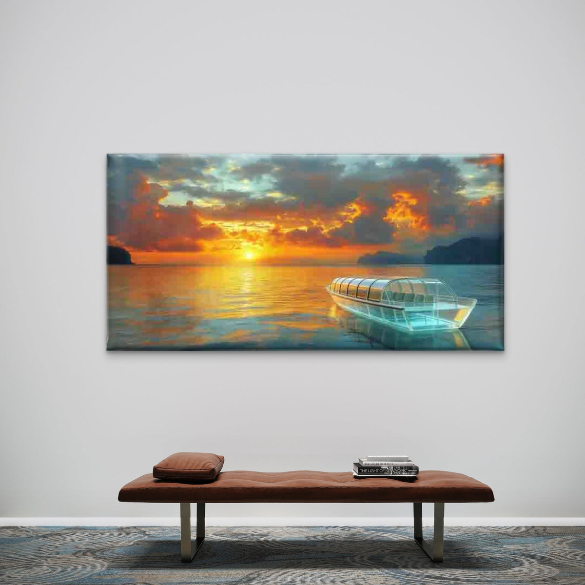 Glass Boat on a Sunset Sea Wall Art Canvas Office Home Room Framed 120x60cm