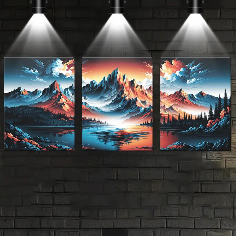 3pcs Nature-Inspired Mountain with Serene Lake & Sunset Metal Print Ready to Hang Art